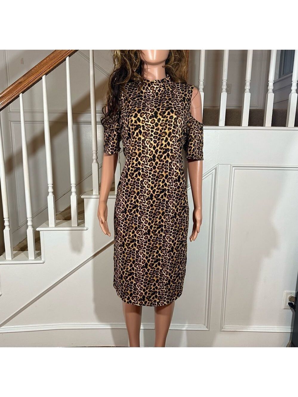 Leopard print open shoulder midi dress